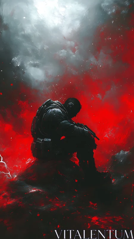 Solitary armored soldier rests amid a storm of red and ash