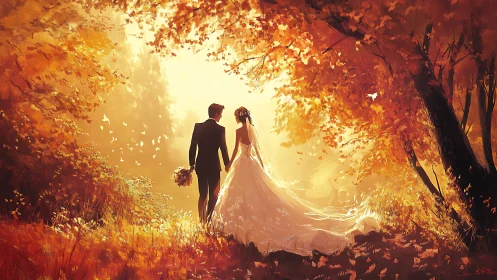 Autumn forest wedding couple bathed in golden sunset glow.