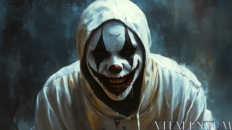 Sinister hooded clown leans forward under cold blue light