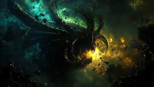 Cosmic leviathan rising in glowing green and golden void.