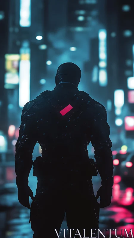 Neon rain crowns a lone cyber sentinel in midnight streets