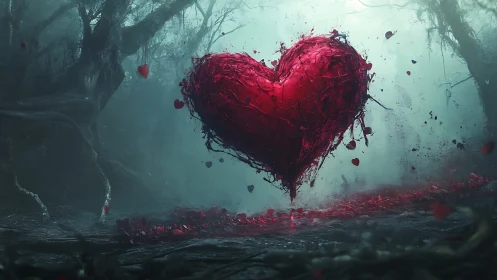 Fragmented Heart in Misty Forest Landscape.