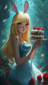 Whimsical Bunny Girl with Frosted Cake.