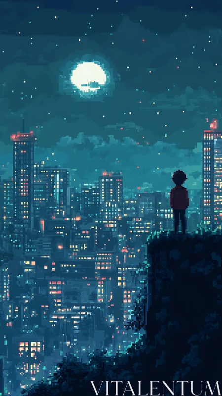 Pixel skyline with lone observer on cliff under luminous moon