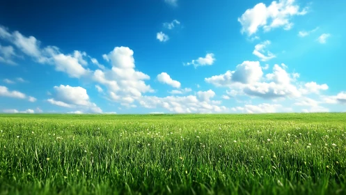 Sunlit green meadow stretches beneath vivid blue sky.