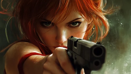 Red-haired woman aiming handgun in close frontal view.