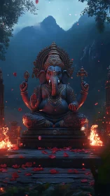 Ganesha statue in mountain temple courtyard at dusk.