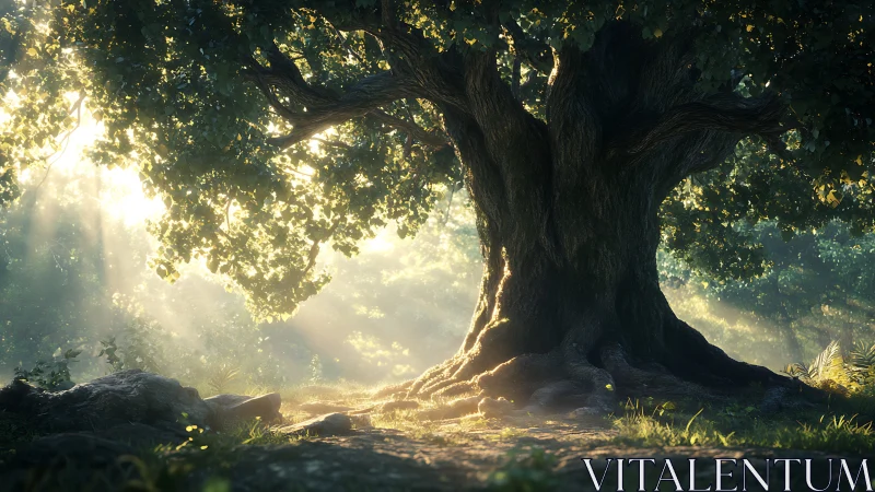 Ancient oak tree under volumetric sunrise rays in dense forest