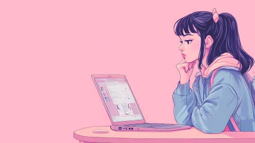 Thoughtful girl studies on laptop in soft pastel workspace