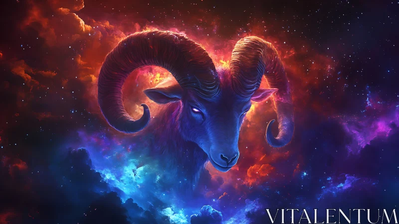 Celestial ram spirit glows softly within swirling cosmic clouds