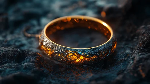 Golden enchanted ring glows warmly against dark stone