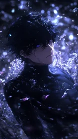 Mystical dark haired boy rising from shimmering starlit water.