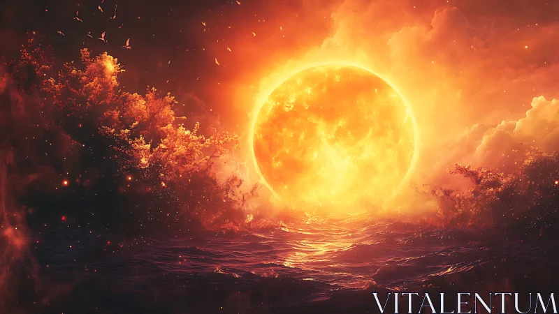 Molten sun descending over storm-lit cosmic ocean horizon.