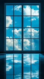 Soft clouds linger beyond a calm window with glassy reflections