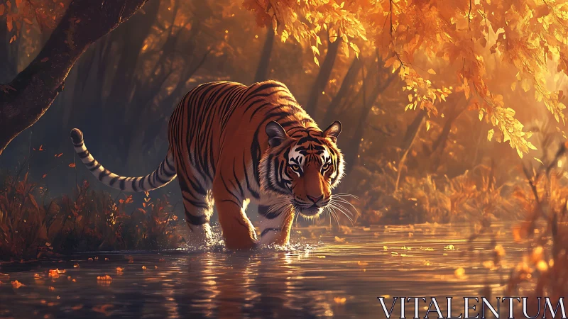 Autumnal river tiger under volumetric backlight in motion.