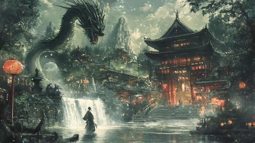 Dragon guardian coils above misty temple waterfall gateway.