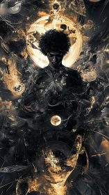 Central dark figure framed by luminous orbital halos and fractal debris