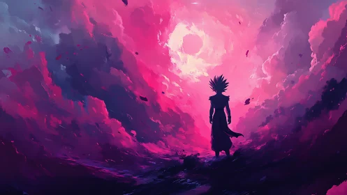 Silhouetted warrior stands before bright void in pink clouds