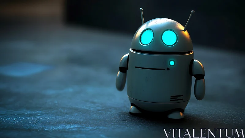 Compact teal-lit service robot rendered with soft bokeh depth