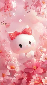 Softly shaded chibi cat head amid pink floral gradient field