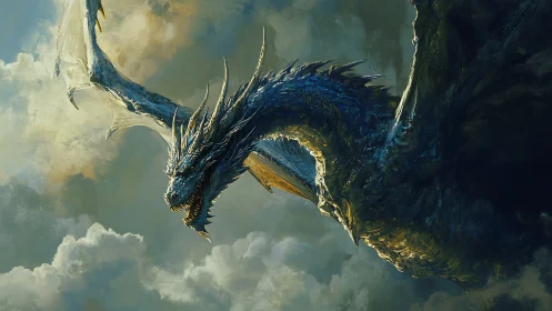 Blue scaled dragon soaring across dense storm clouds.