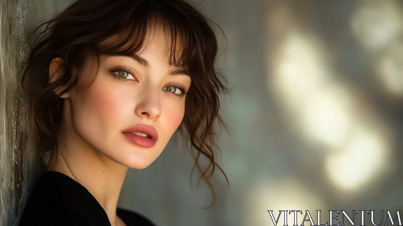 Portrait shows young woman leaning against textured wall