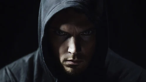 Man in dark hooded sweatshirt with intense stare forward.