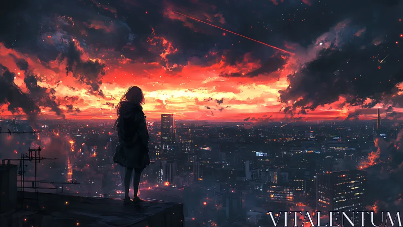 Backlit silhouette surveys neon city under incendiary sunset sky