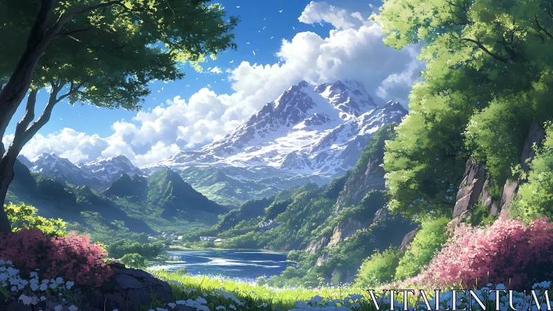 Mountain valley landscape shows layered depth and vegetation