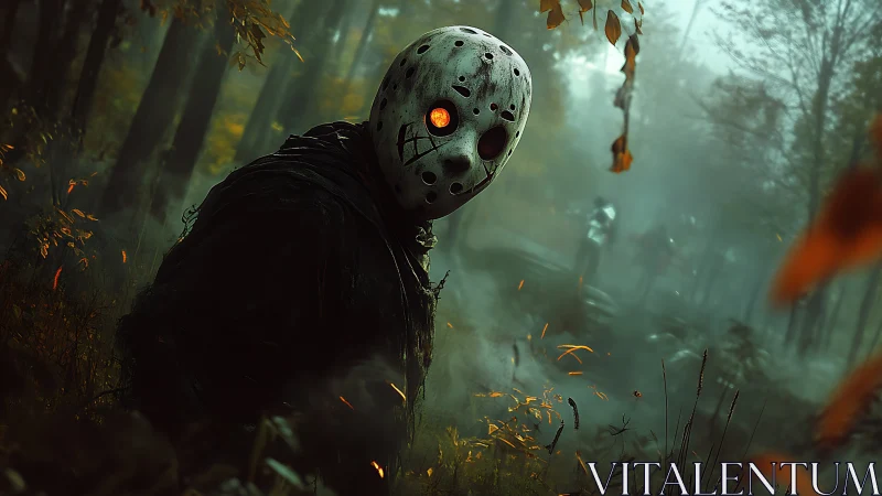 Masked figure with glowing eye standing in misty forest scene.