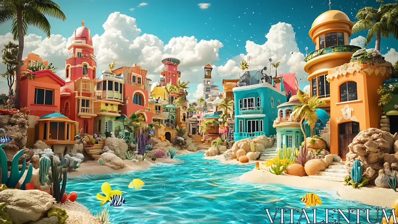 Tropical canal city with vibrant seaside villas under clouds.