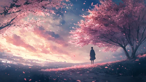 Solitary figure watches cherry blossoms drift at sunset