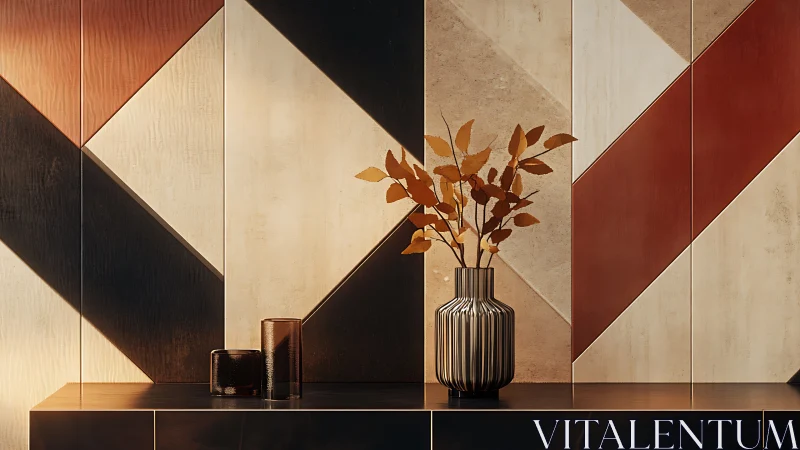 Geometric wall pattern with vase and dried foliage arrangement.
