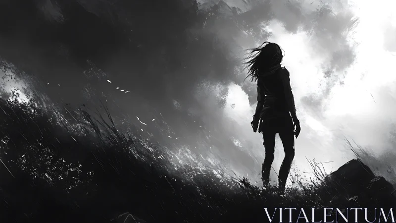 Silhouetted lone figure confronts monochrome storm horizon