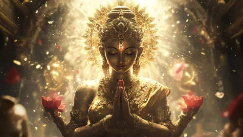 Golden lotus goddess in radiant devotional lightscape.