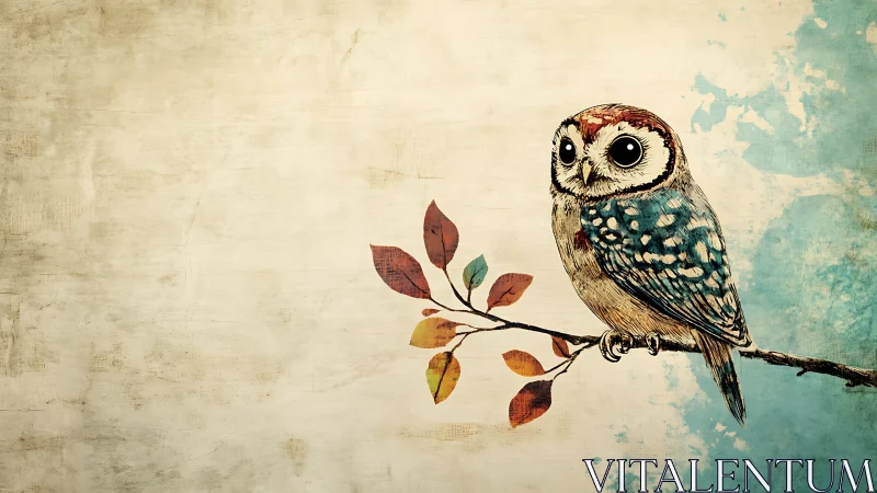 Whimsical owl illustration perched on branch with vintage watercolor style.