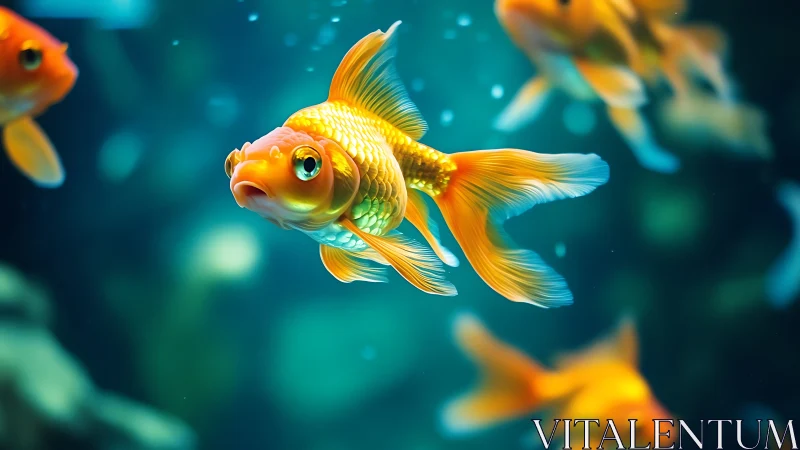 Bright goldfish glides gently through a calm blue aquarium