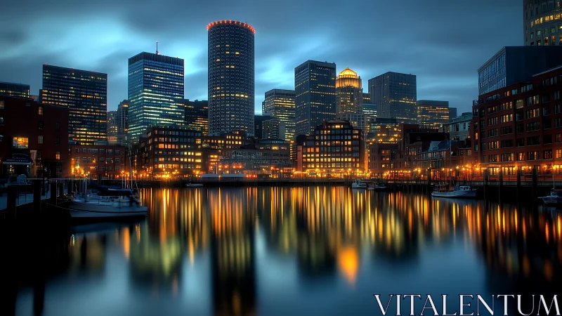 Harbor lights conduct a midnight symphony of mirrored towers