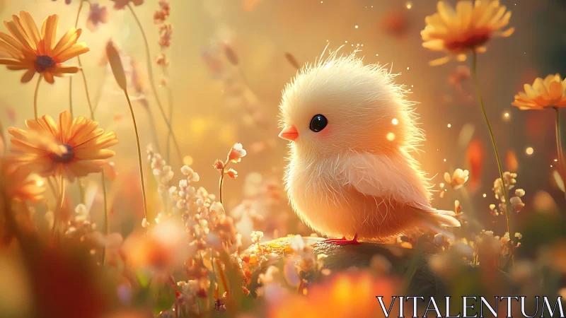 Fluffy chick discovers a golden field of whimsical blooms