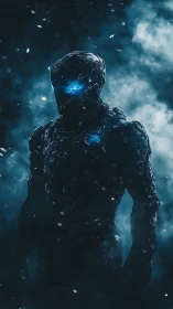 Armored exosuit silhouette with blue emissive visor in dense fog