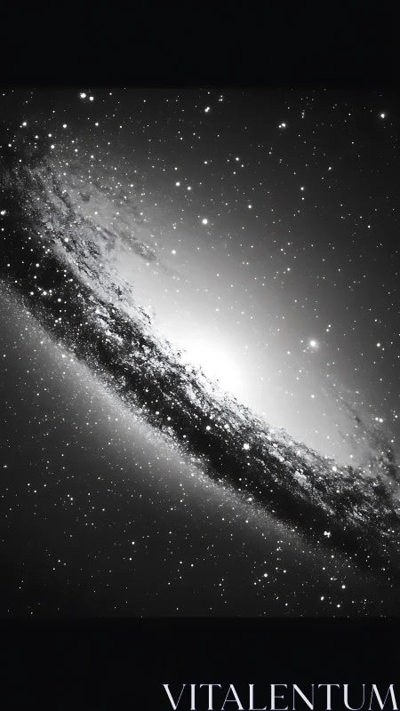 Edge-on spiral galaxy rendered in monochrome high contrast