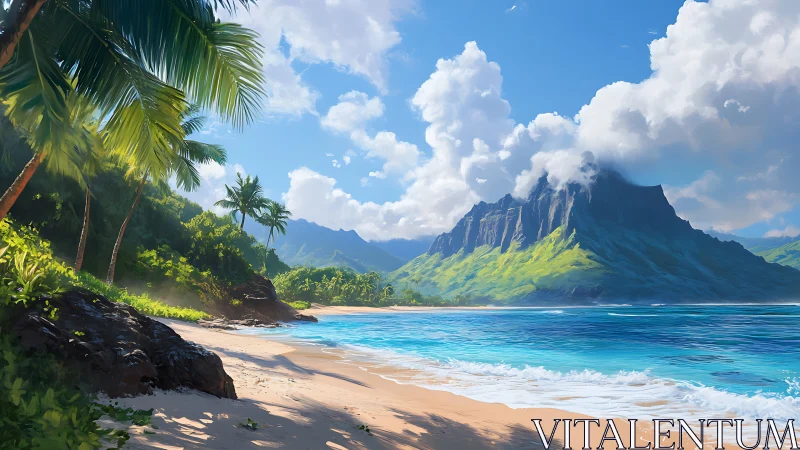 Tropical Paradise Beach with Volcanic Mountain.