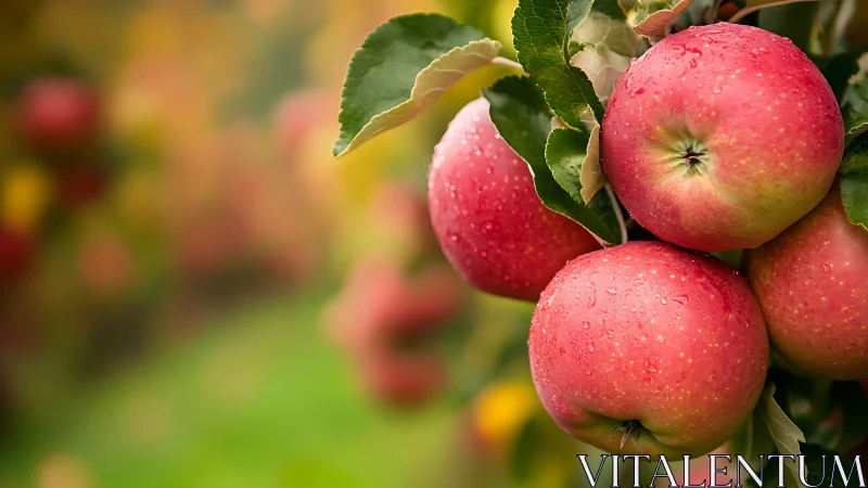 Sun-kissed orchard apples shimmering with morning dew.
