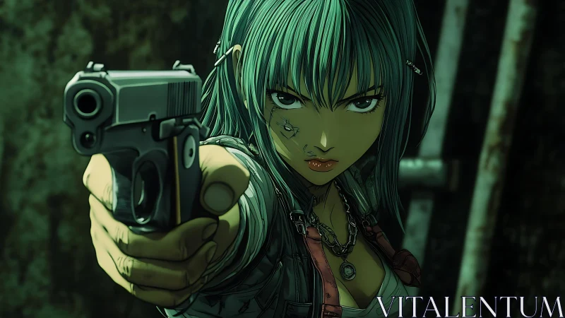 Female character extends handgun toward viewer in focus