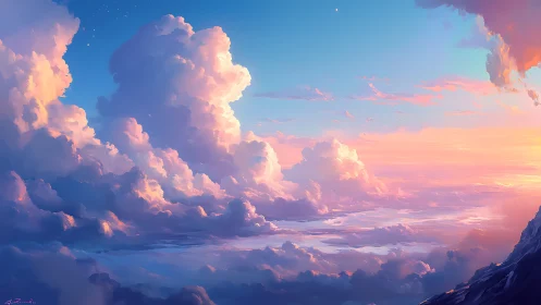 Iridescent cumulonimbus clouds rendered in vivid digital sunset