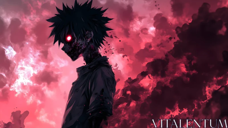 Red-eyed dark anime figure stands in swirling blood sky.