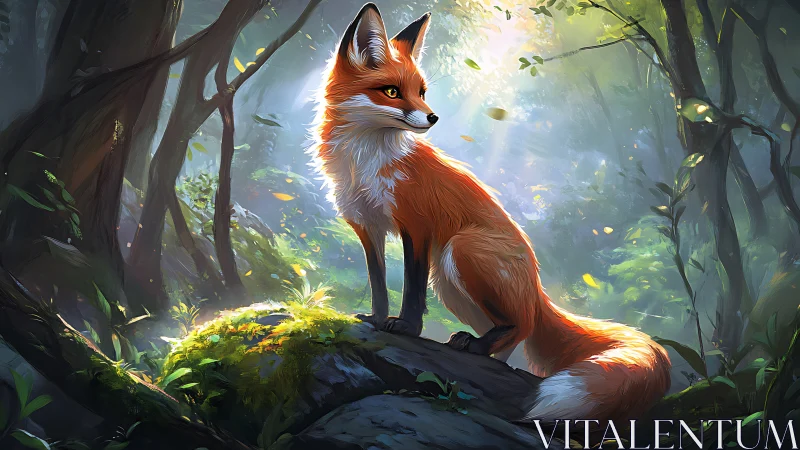 Radiant fox stands in sunlit forest clearing, quietly observing.