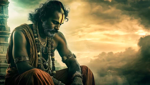 Meditative Hindu ascetic against stormy golden cloudscape