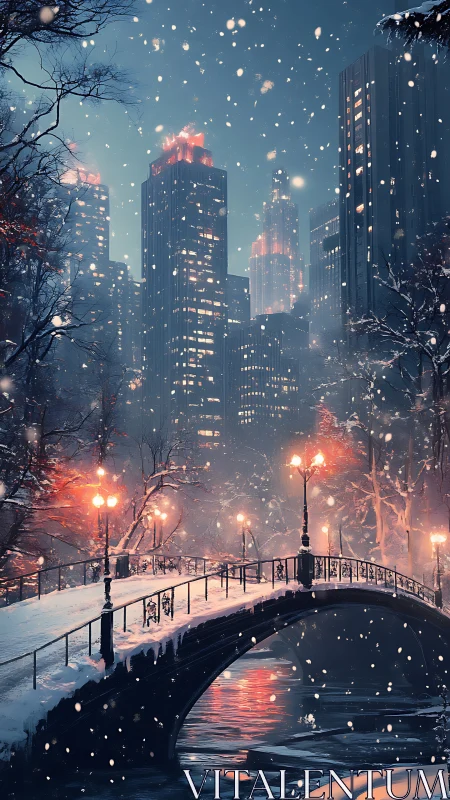 Snow-laden urban bridge under lamplight contrasts with lit towers