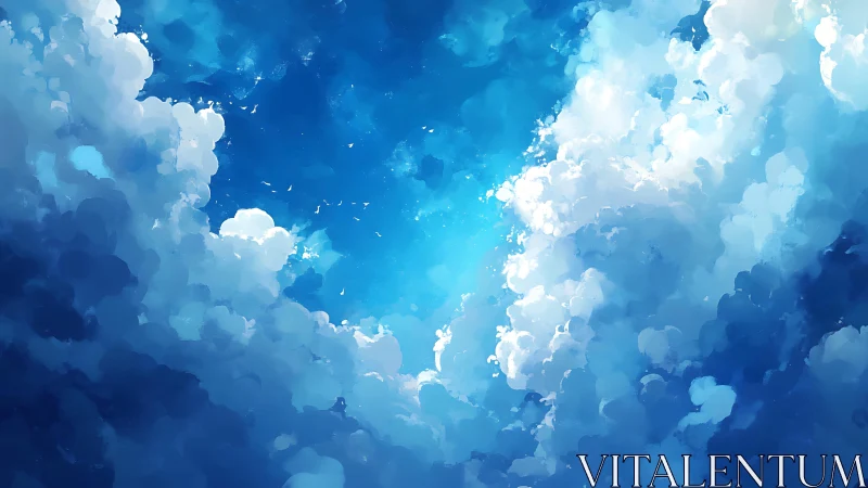 Soft blue sky window framed by billowing daydream clouds.